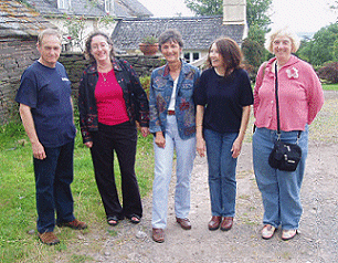 Photo taken at Phil Rickman's medieval farm near Peterborough, Herefordshire. 
	Left to right: Phil Rickman; Ann Gray; Marcia Talley; Carol Rickman; Kate Charles
